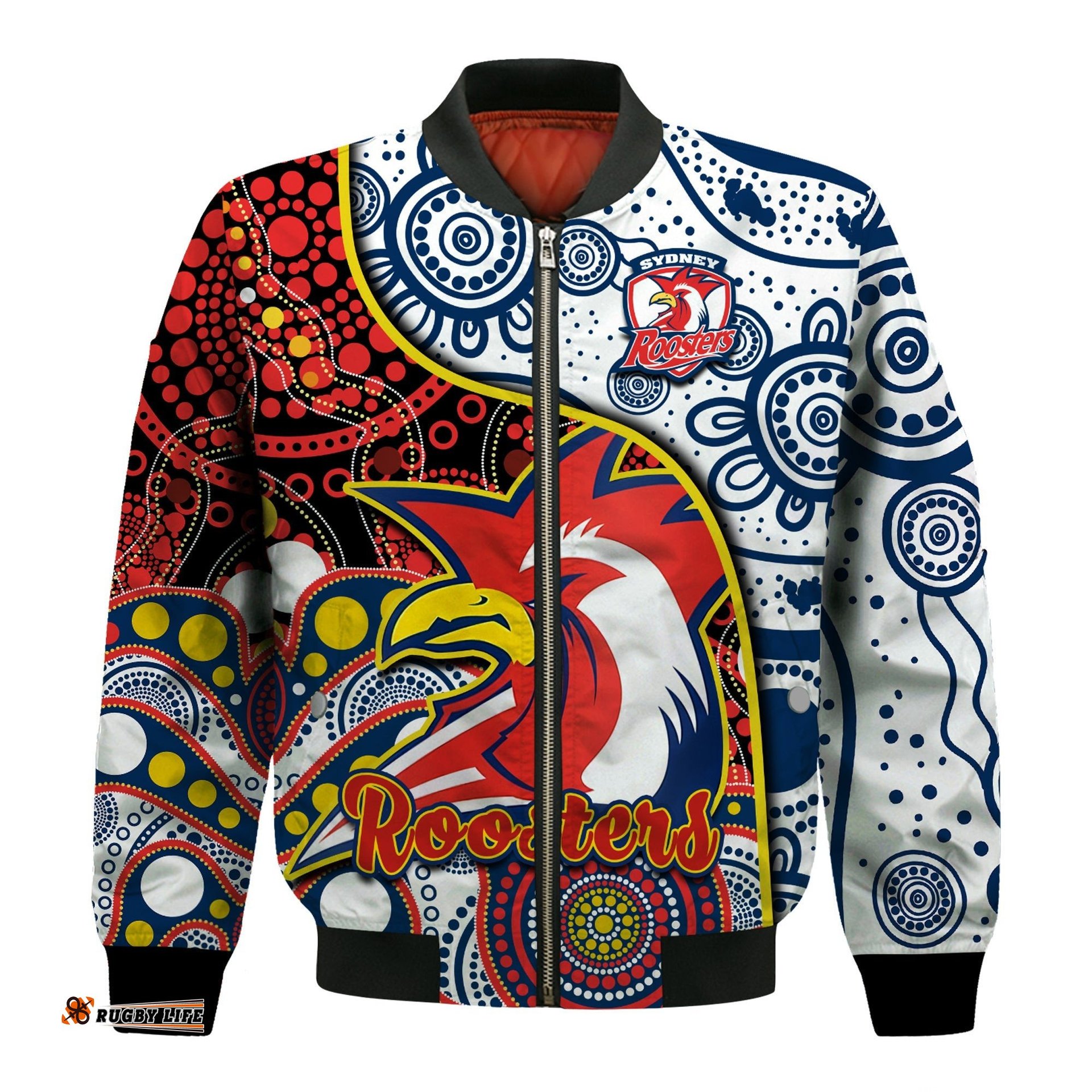 Roosters Rugby Bomber Jacket Easts 1908 Aboriginal Artsy Premiers