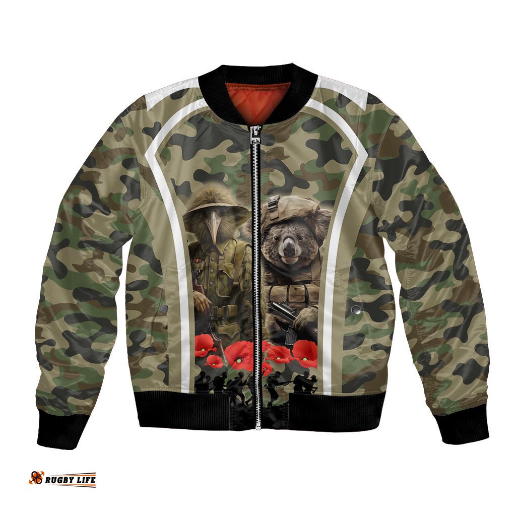 New Zealand and Australia ANZAC Day Bomber Jacket Koala and Kiwi Bird Soldier Gallipoli Camouflage Style