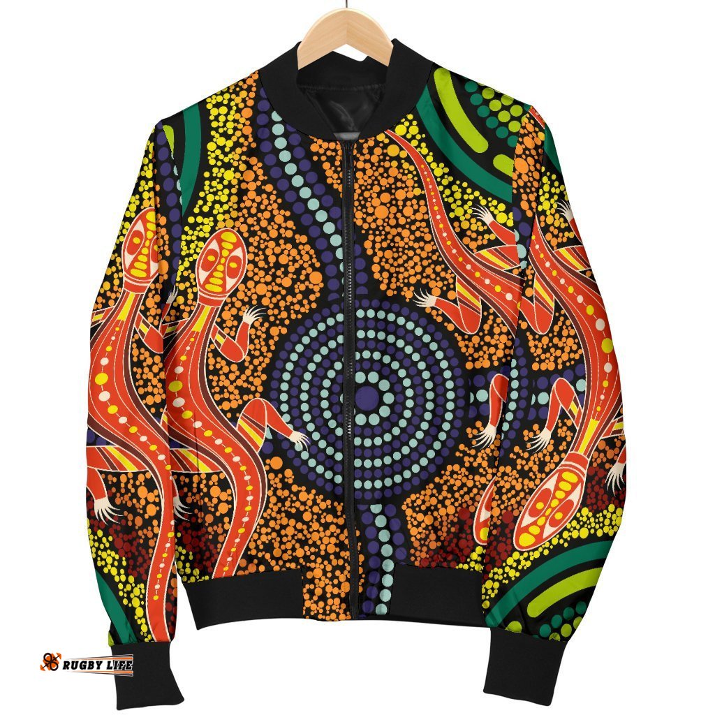 1st Australia Women Bomber Jacket - Aboriginal Two Lizards Dot Painting Circle