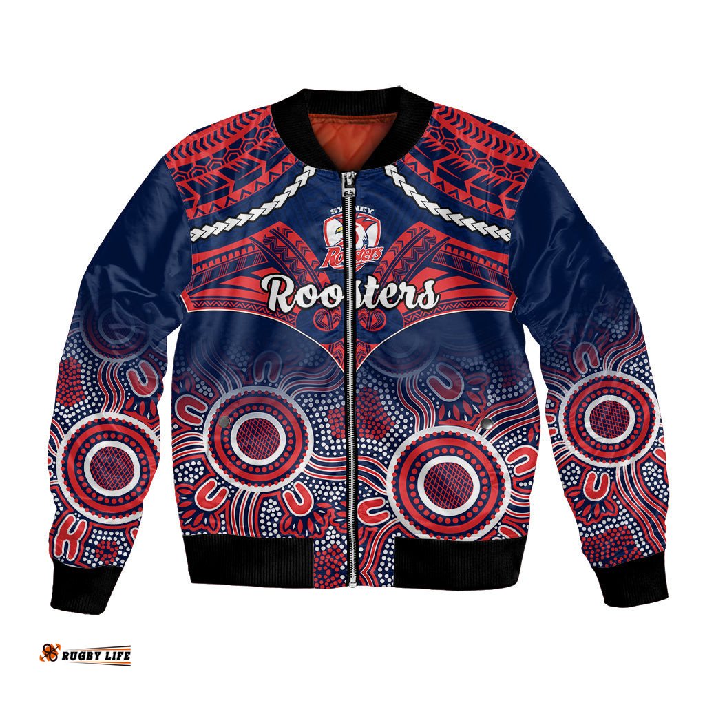 Personalised Roosters Rugby Bomber Jacket Tricolours 1908 Aboriginal Mix Polynesian Pattern