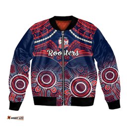 Personalised Roosters Rugby Bomber Jacket Tricolours 1908 Aboriginal Mix Polynesian Pattern