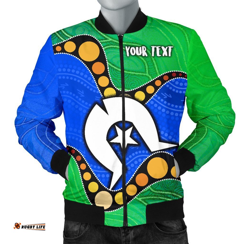 Custom Torres Strait Islands Men's Bomber Jacket - Flag with Aboriginal Patterns