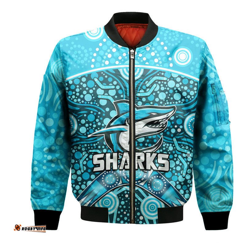Custom Personalised Sharks Rugby Bomber Jacket Boomerang Indigenous Dots