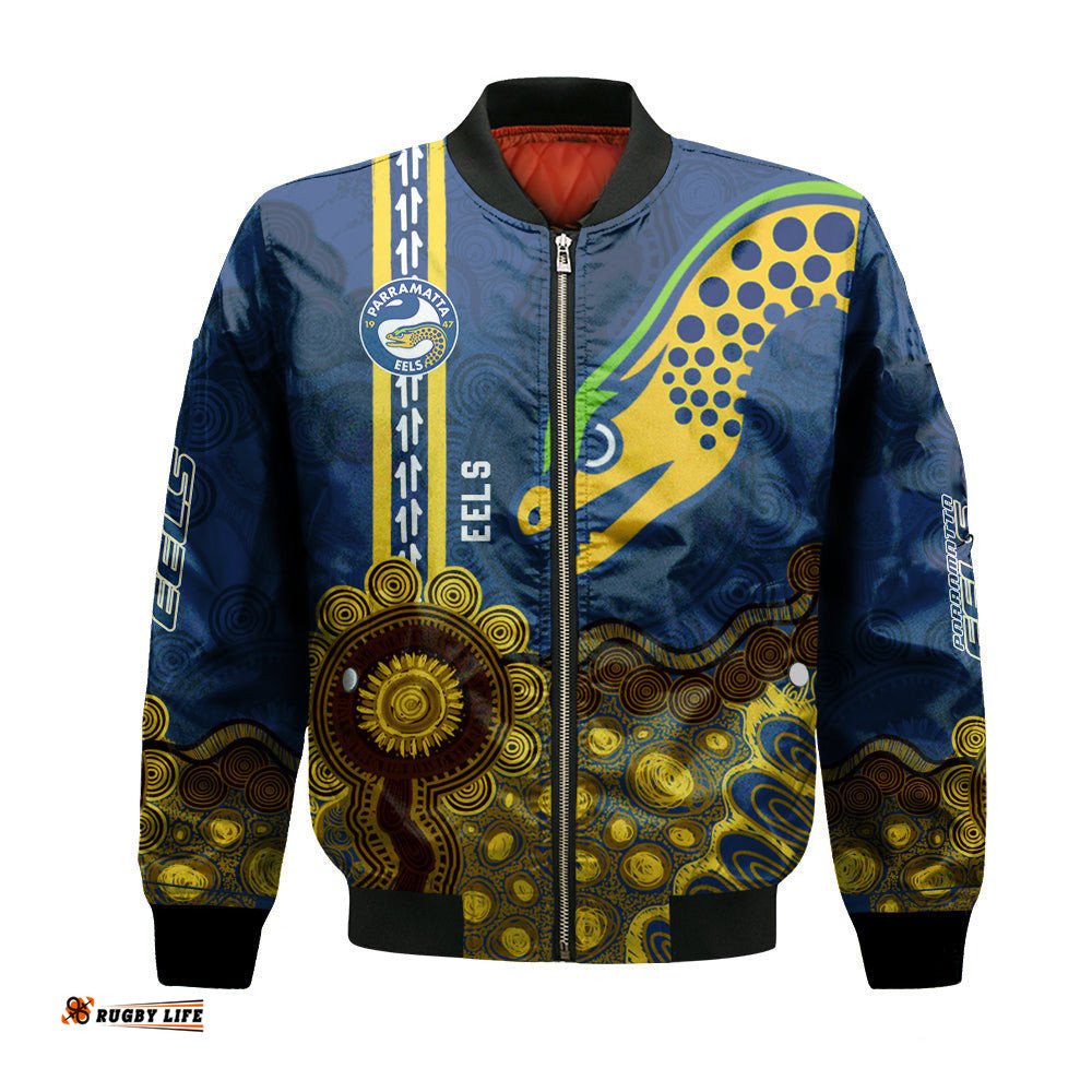 Parramatta Eels Aboriginal Bomber Jacket Rugby Indigenous Kangaroo Tracks - NRL
