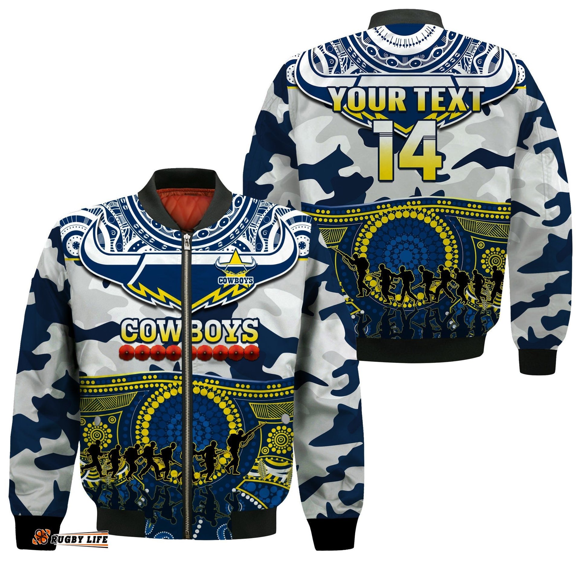 Custom Text And Number Cowboys Rugby ANZAC Bomber Jacket Indigenous Poppy Mix Camouflage