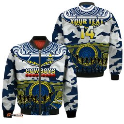 Custom Text And Number Cowboys Rugby ANZAC Bomber Jacket Indigenous Poppy Mix Camouflage