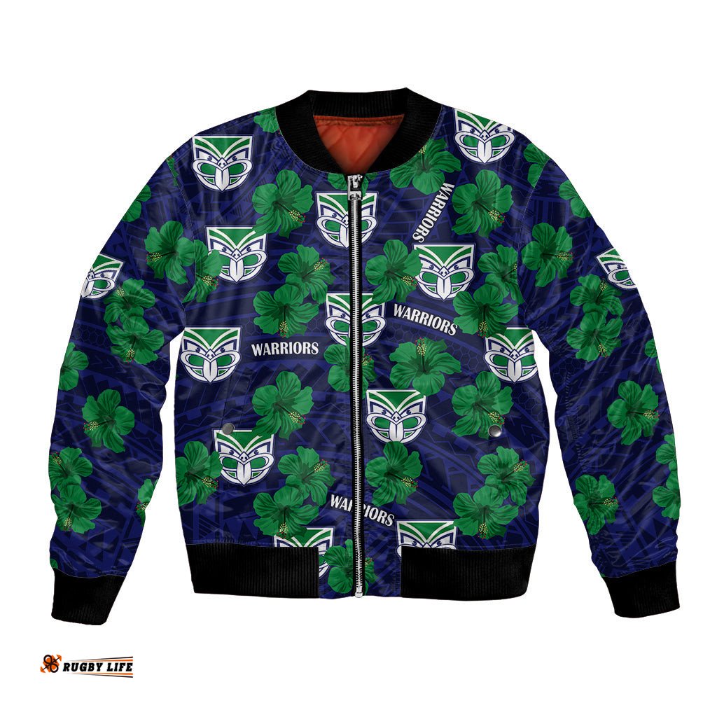 New Zealand Warriors Rugby Bomber Jacket Polynesian Style With Hibiscus