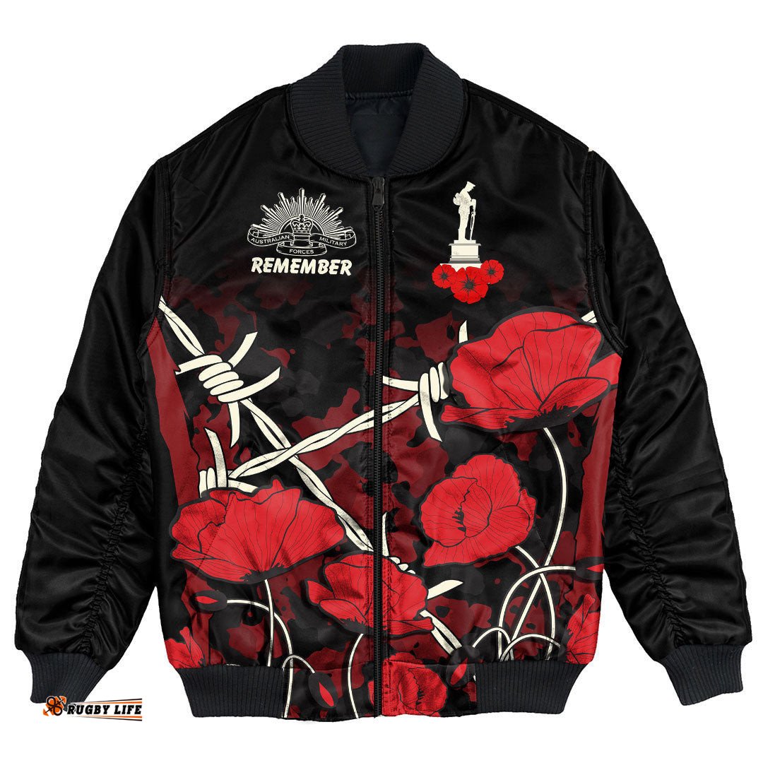 Custom Anzac Day Camouflage Poppy & Barbed Wire Bomber Jacket