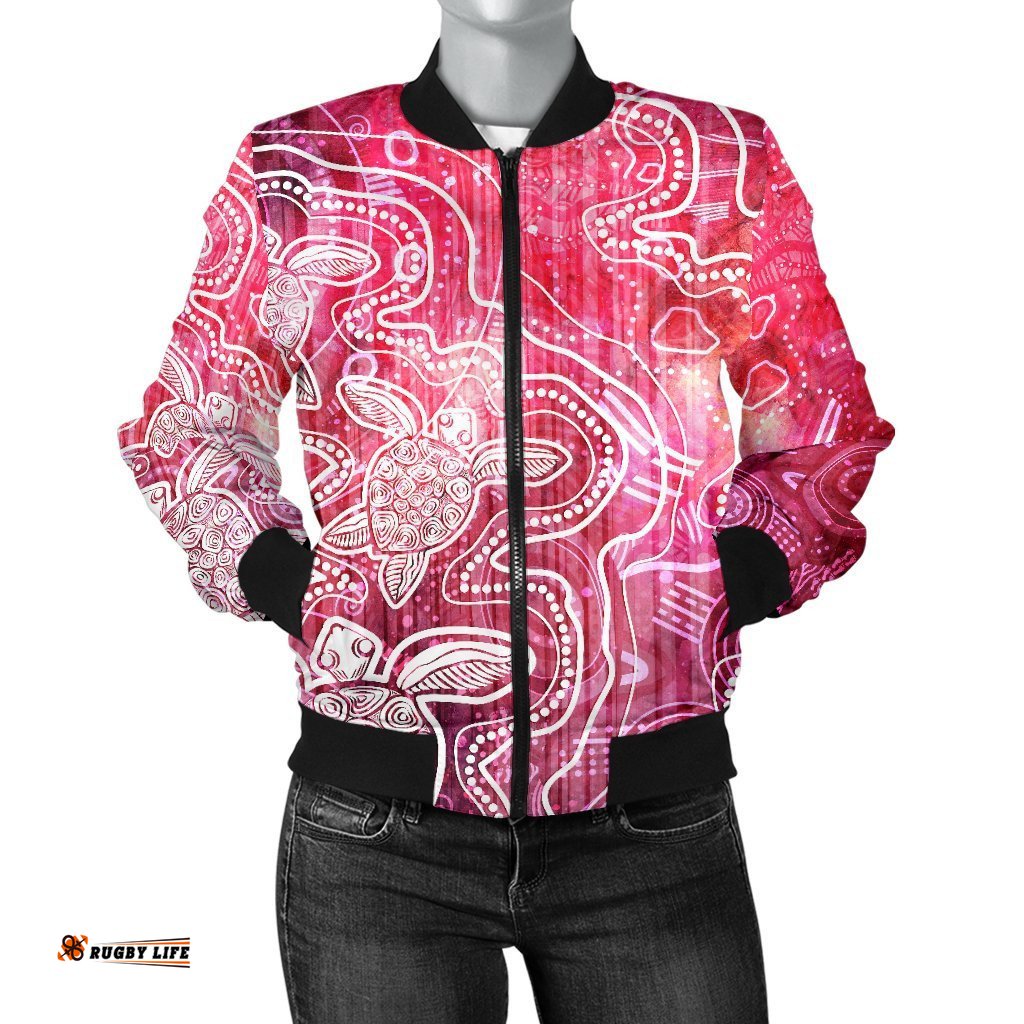 Aboriginal Women's Bomber Jacket - Sea Turtle With Indigenous Patterns Pink