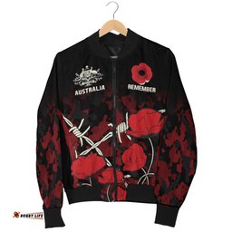 Anzac Men's Bomber Jacket - Anzac with Remembrance Poppy Flower