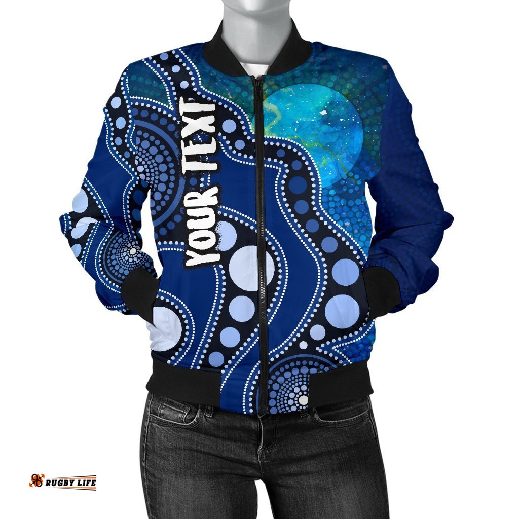 Custom Text Aboriginal Women's Bomber Jackets - Australia Indigenous Flag Circle Dot Painting Art Blue