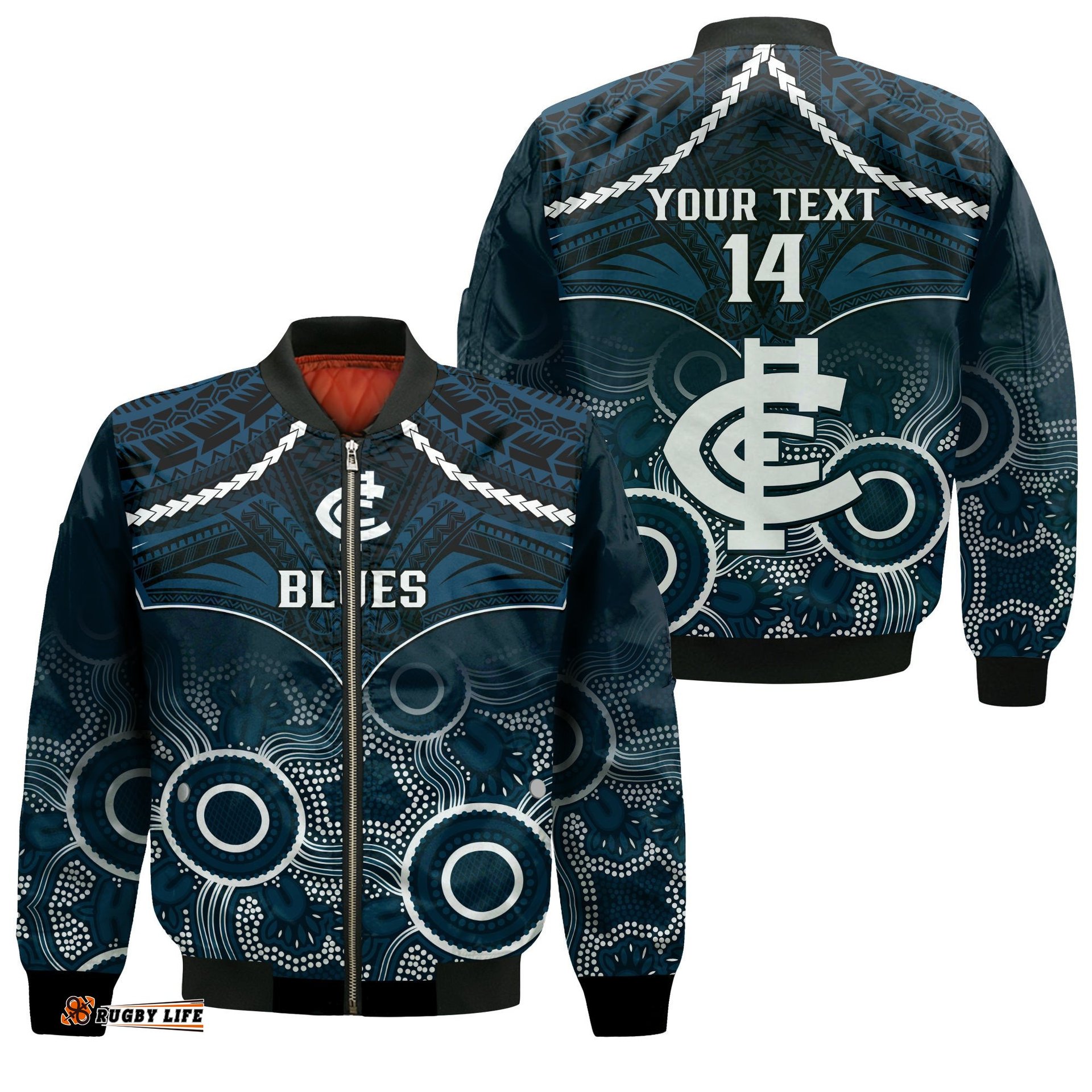 Personalised Carlton Football Bomber Jacket Blues Aboriginal Mix Polynesian Pattern
