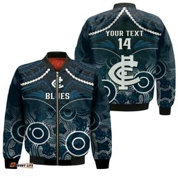 Personalised Carlton Football Bomber Jacket Blues Aboriginal Mix Polynesian Pattern