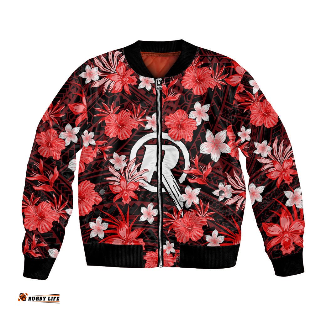 Australian Renegades Cricket Bomber Jacket Baeuty Pacific Hibiscus and Polynesian Pattern