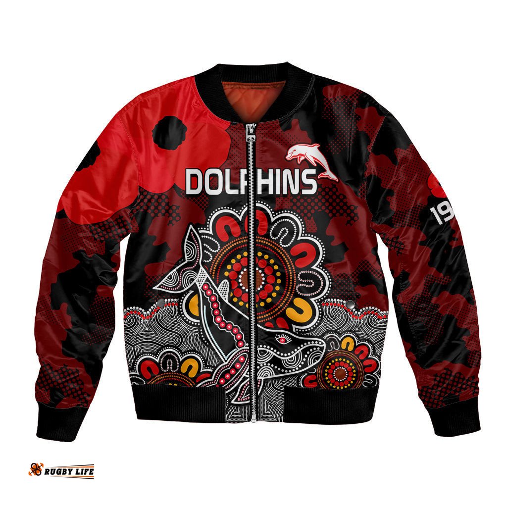 ANZAC Dolphins Rugby Bomber Jacket Indigenous Circles and Waves