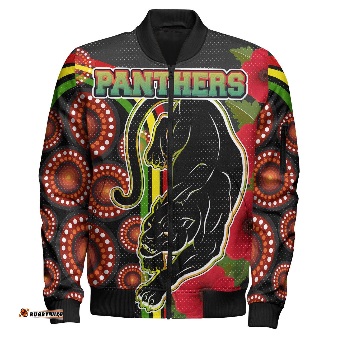 Panthers Rugby Bomber Jacket - Aboriginal Panthers Anzac Day Panther With Poppy Flower Bomber Jacket