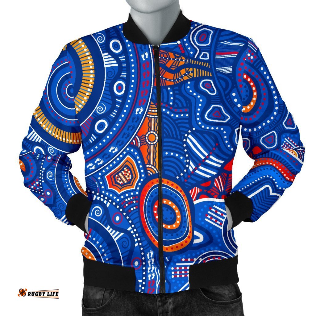 Aboriginal Men's Bomber Jacket - Indigenous Footprint Patterns Blue Color
