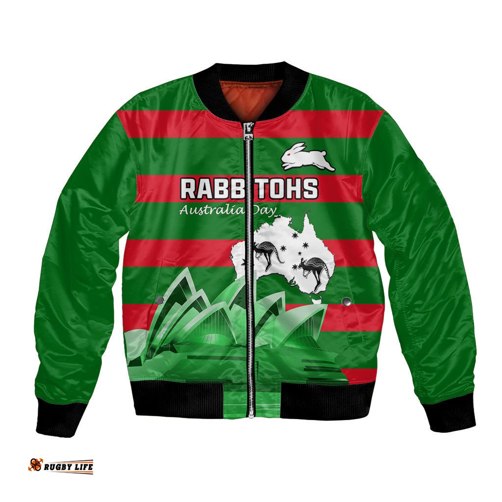 Custom Australia Day Rabbitohs Bomber Jacket NRL 2024 Sydney Opera House With Map
