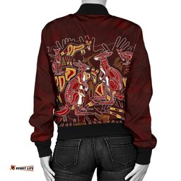 Custom Aboriginal Women's Bomber Jacket - Kangaroo family with Hand Art