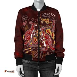 Custom Aboriginal Women's Bomber Jacket - Kangaroo family with Hand Art