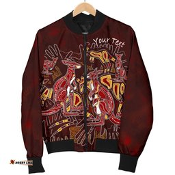 Custom Aboriginal Women's Bomber Jacket - Kangaroo family with Hand Art