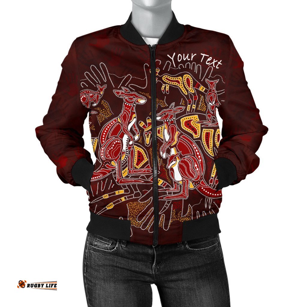 Custom Aboriginal Women's Bomber Jacket - Kangaroo family with Hand Art