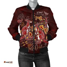 Custom Aboriginal Women's Bomber Jacket - Kangaroo family with Hand Art