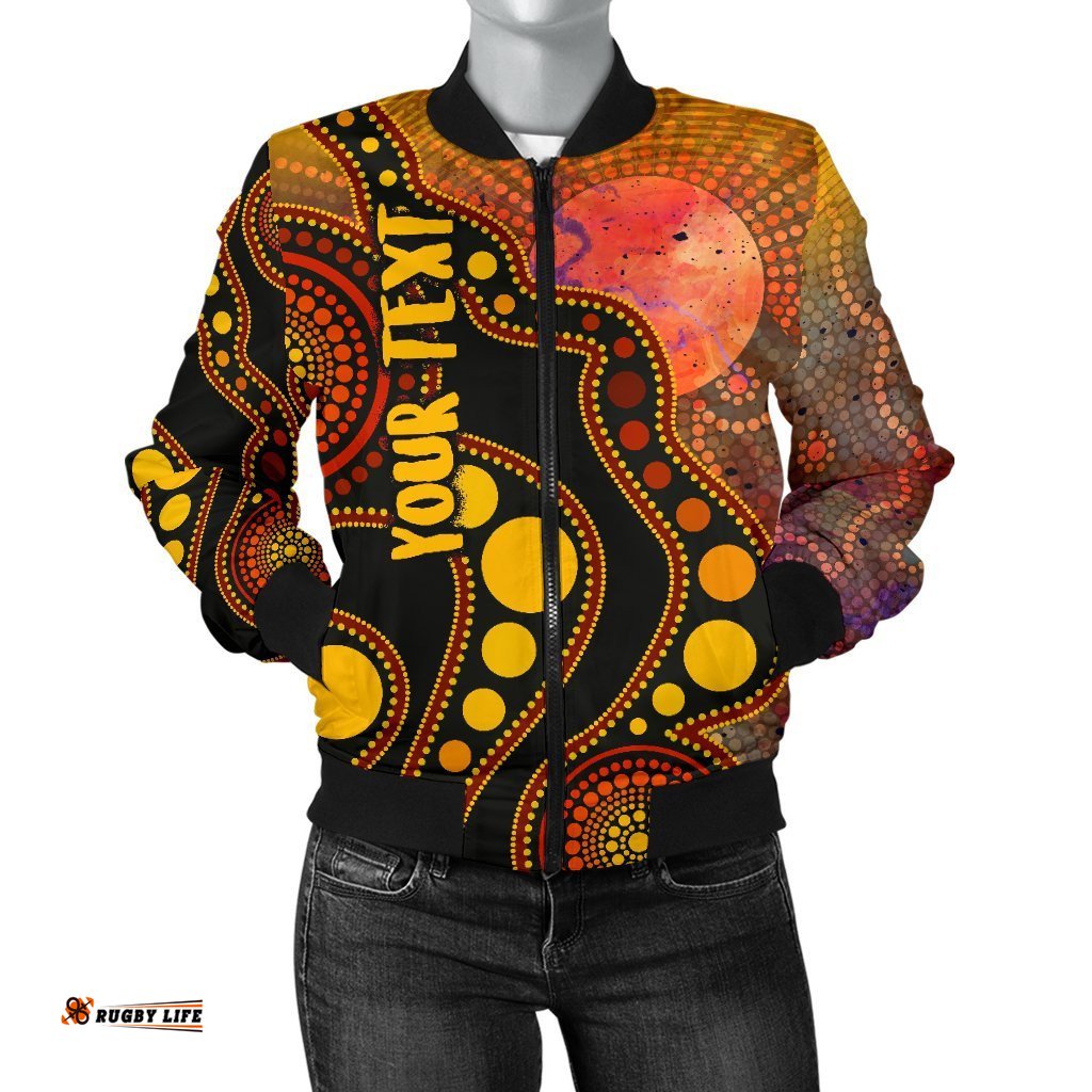 Custom Text Aboriginal Women's Bomber Jacket - Australia Indigenous Flag Circle Dot Painting Art Golden