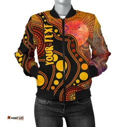 Custom Text Aboriginal Women's Bomber Jacket - Australia Indigenous Flag Circle Dot Painting Art Golden