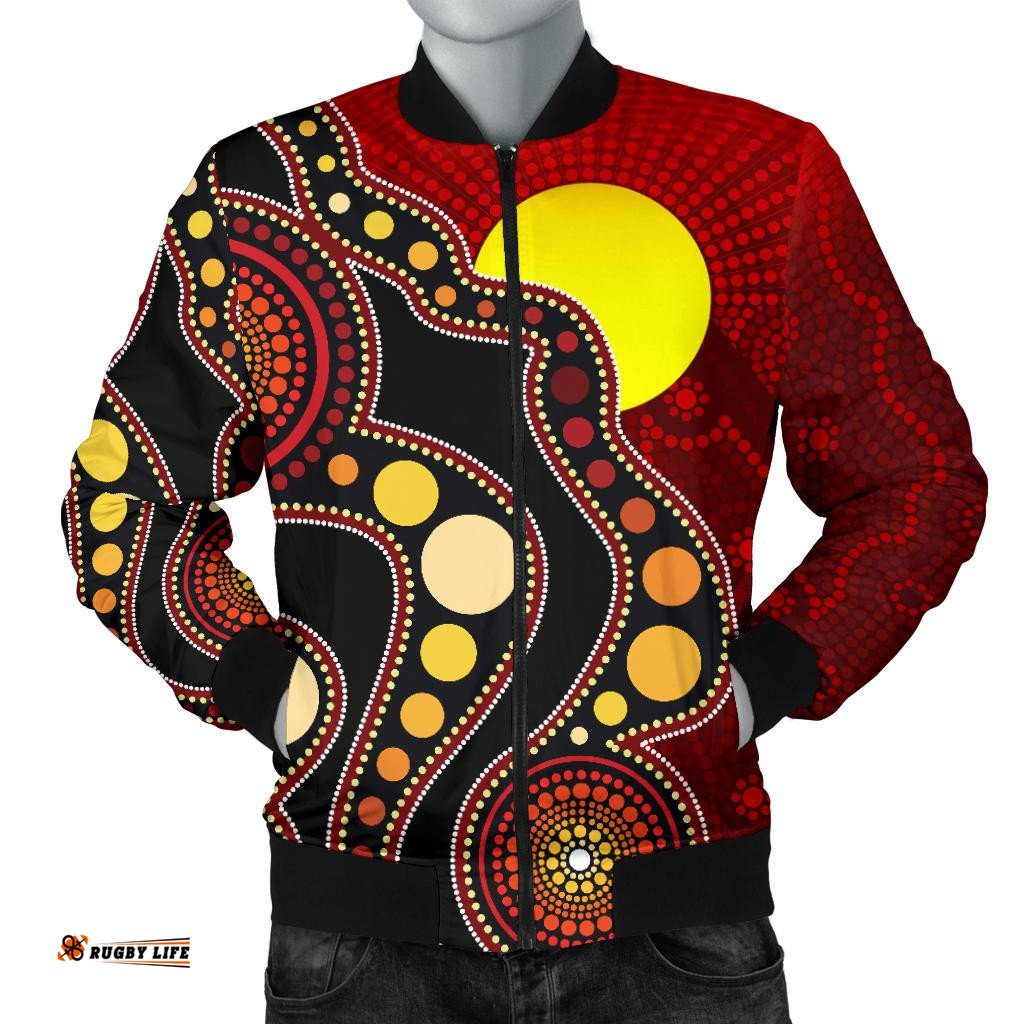 Aboriginal Men's Bomber Jacket, Australia Aboriginal Lives Matter Flag Circle Dot Painting Art Jacket