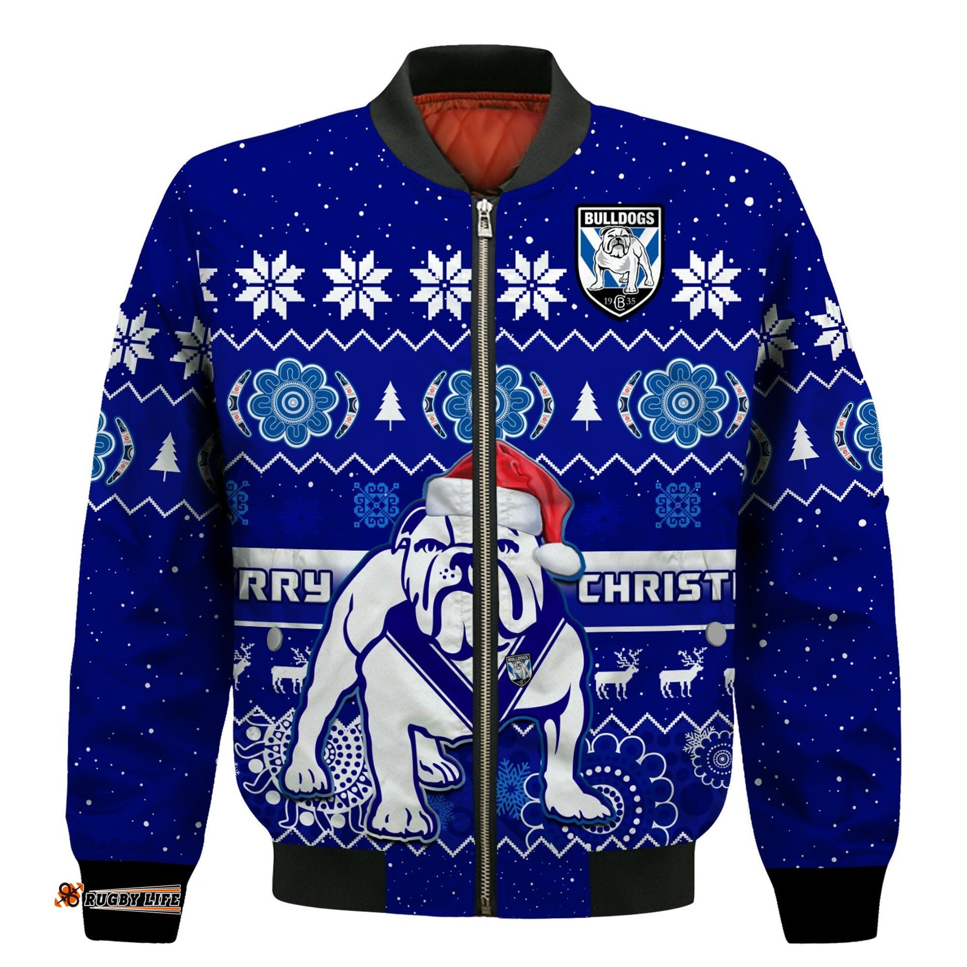 Bulldogs Rugby Christmas Bomber Jacket Berries Merry Xmas Aboriginal Art