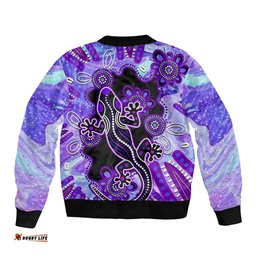Australia Opal Bomber Jacket Aussie Lizard With Aboriginal Art - Purple