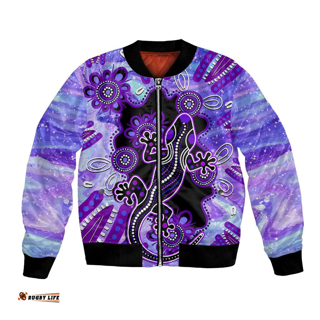 Australia Opal Bomber Jacket Aussie Lizard With Aboriginal Art - Purple