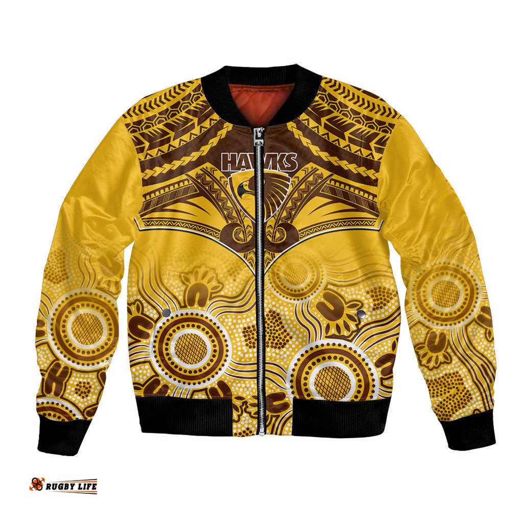 Personalised Hawthorn Football Bomber Jacket Hawks Aboriginal Mix Polynesian Pattern