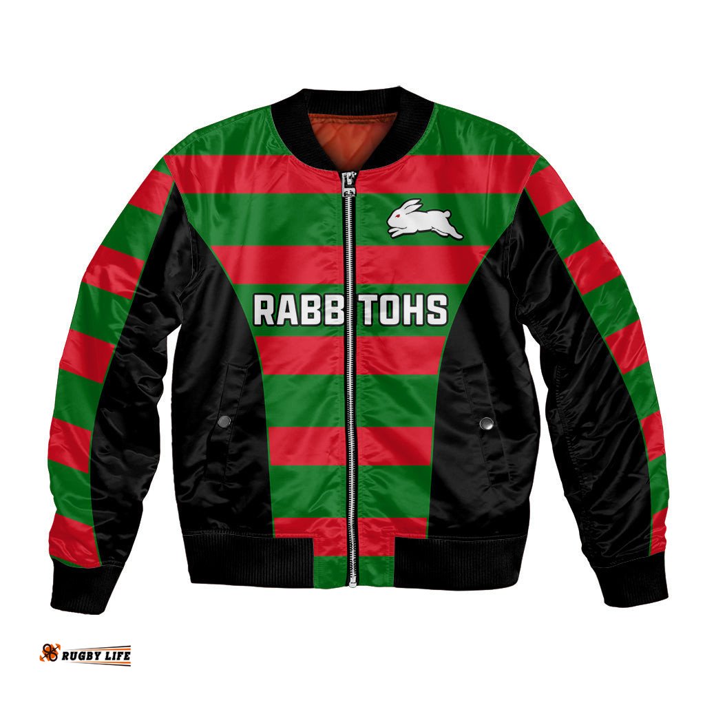 Custom Text And Number Rabbitohs Rugby Bomber Jacket Go Souths 1908 Sporty Style Black