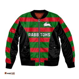 Custom Text And Number Rabbitohs Rugby Bomber Jacket Go Souths 1908 Sporty Style Black