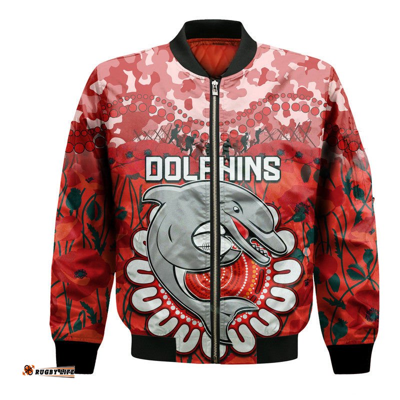 Custom Personalised Dolphins Rugby ANZAC Bomber Jacket Camouflage Poppy