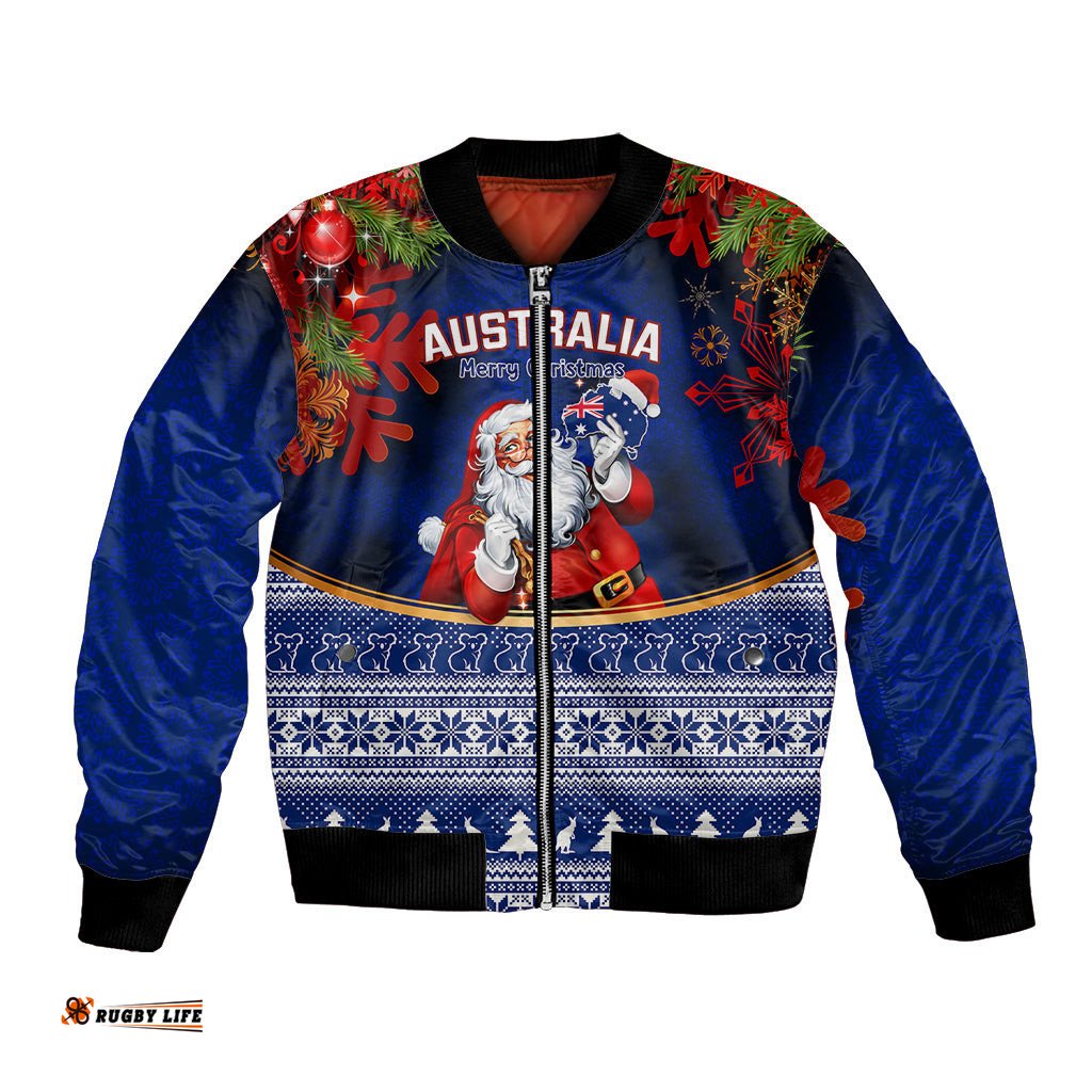 Personalised Christmas In July Bomber Jacket Happy Santa Claus With Australia Map Blue Style