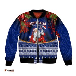 Personalised Christmas In July Bomber Jacket Happy Santa Claus With Australia Map Blue Style