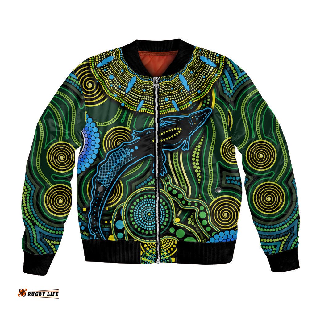 Aboriginal Green - Crocodine Abstract Art Pattern Bomber Jacket TS04