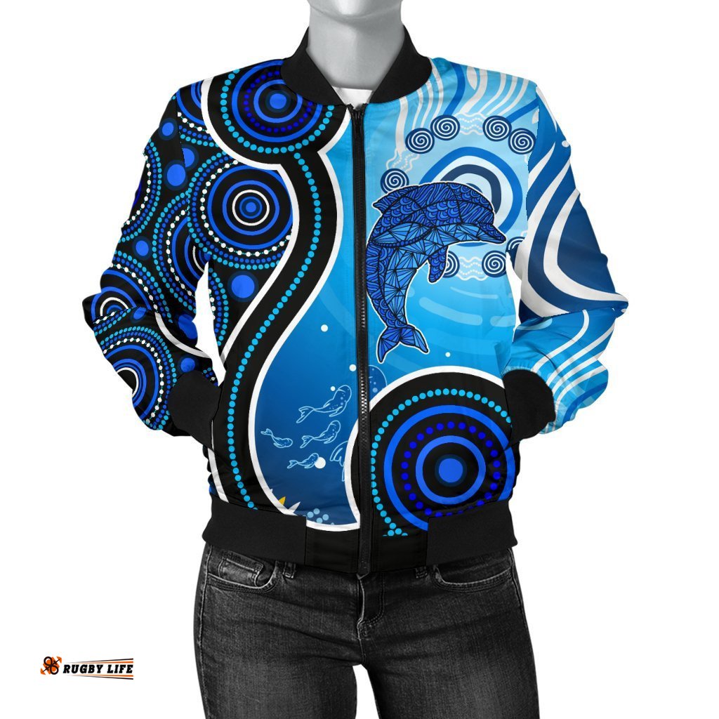 Aboriginal Women's Bomber Jacket - Dolphin And Aboriginal Dot Patterns