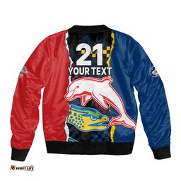 Custom Text And Number NRL Combine Dolphins and Parra Eels Bomber Jacket Simple Style