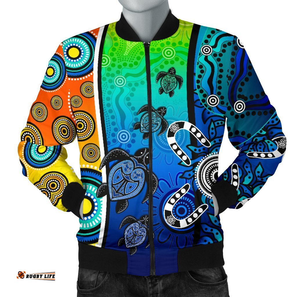 Aboriginal Men's Bomber Jacket - Indigenous Turtle Dot Painting Art