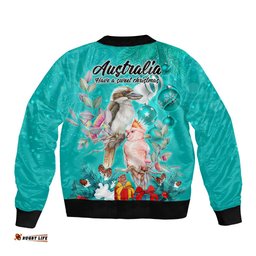 Kookaburra and Cockatoo Bomber Jacket Australia Merry Christmas Aboriginal Teal Style