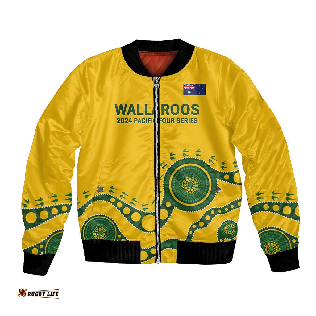 Custom Australia Rugby Bomber Jacket Go Wallaroos 2024 Pacific Aboriginal Art