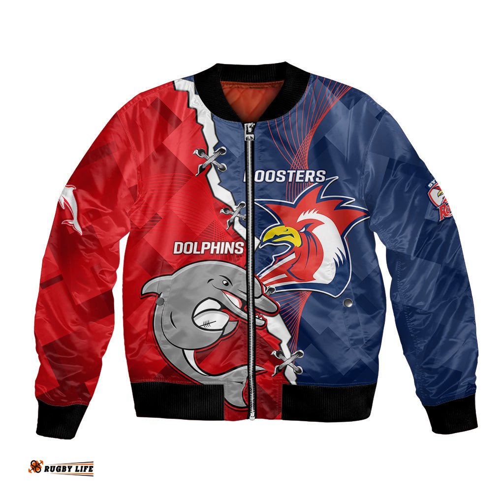 Personalised Dolphins And Roosters Rugby Bomber Jacket NRL Sporty Style