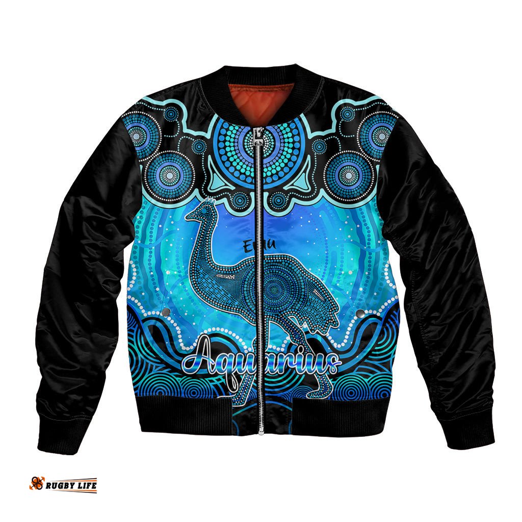 Personalised Australia Aquarius Emu Zodiac Bomber Jacket Auz Astrology Aboriginal - Aqua