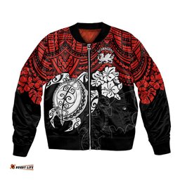 Custom Dragons Rugby Bomber Jacket Red V Hibiscus and Turtle With Polynesian Pattern