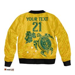 Custom Australia Soccer Bomber Jacket Socceroos Hibiscus and Turtle With Polynesian Pattern