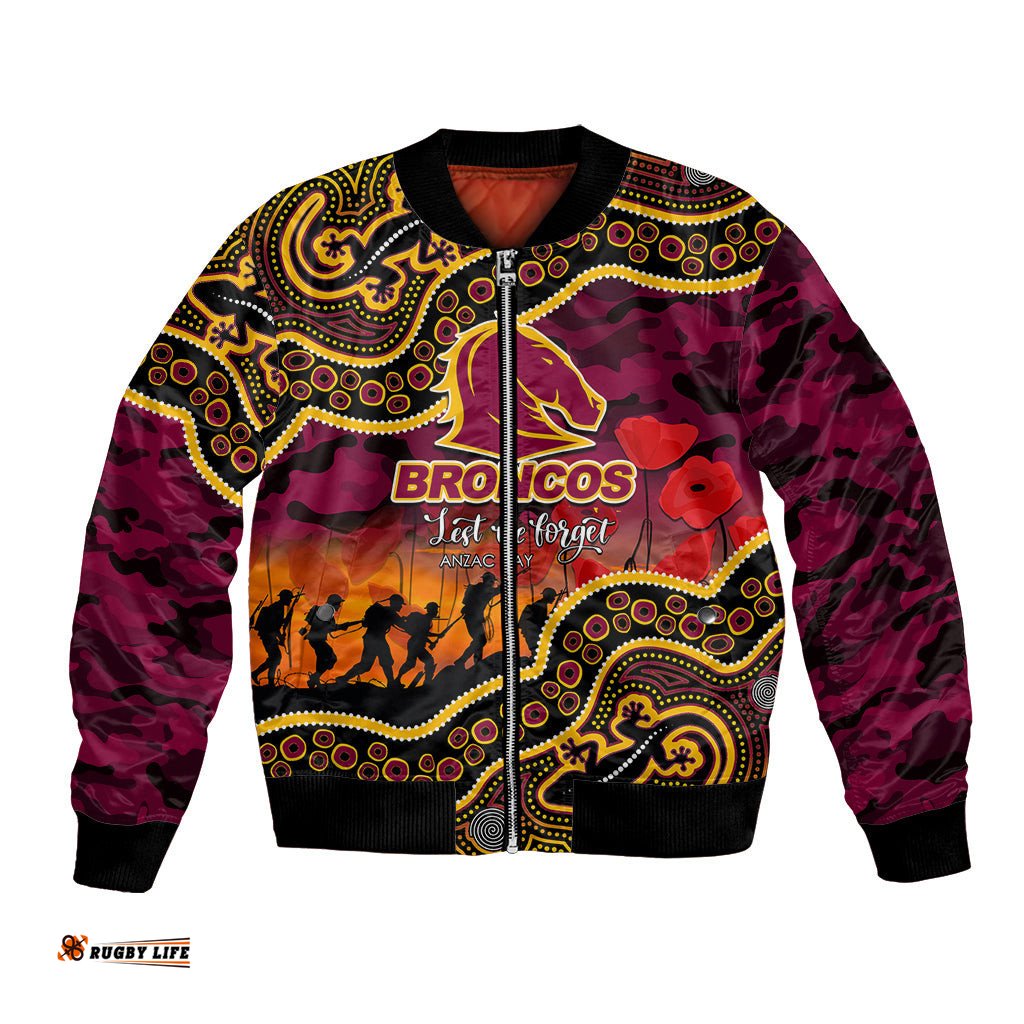Custom Personalised Anzac Day NRL - Broncos Bomber Jacket Aboriginal Lizard Patterns